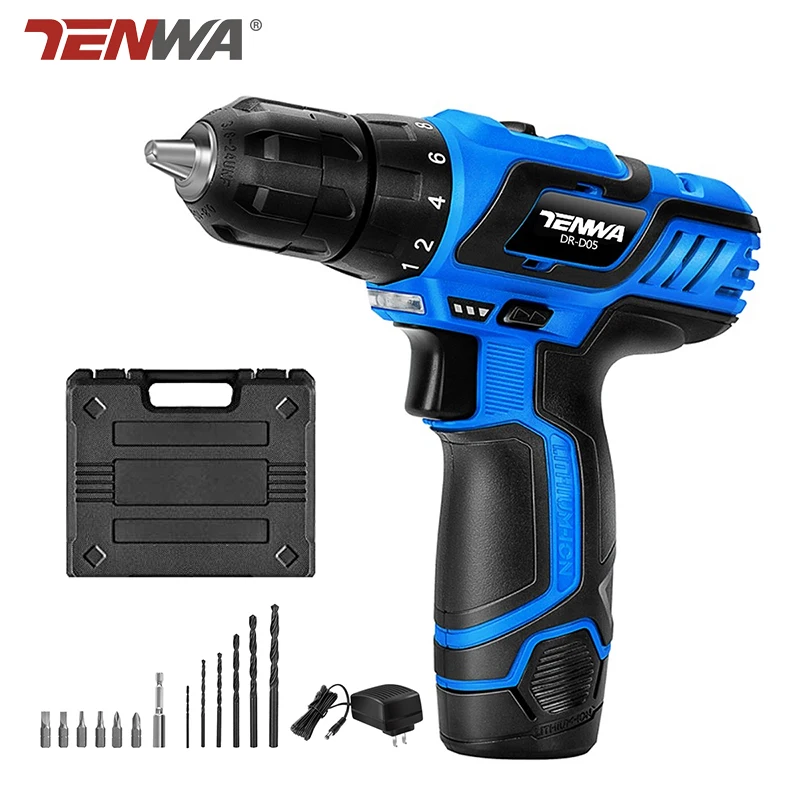 

TENWA 12V Electric Drill 0-10mm Chuck Max Torque Cordless Drill Driver Kit 13pcs Accessories Toolbox 1.5Ah Lithium-Ion Battery