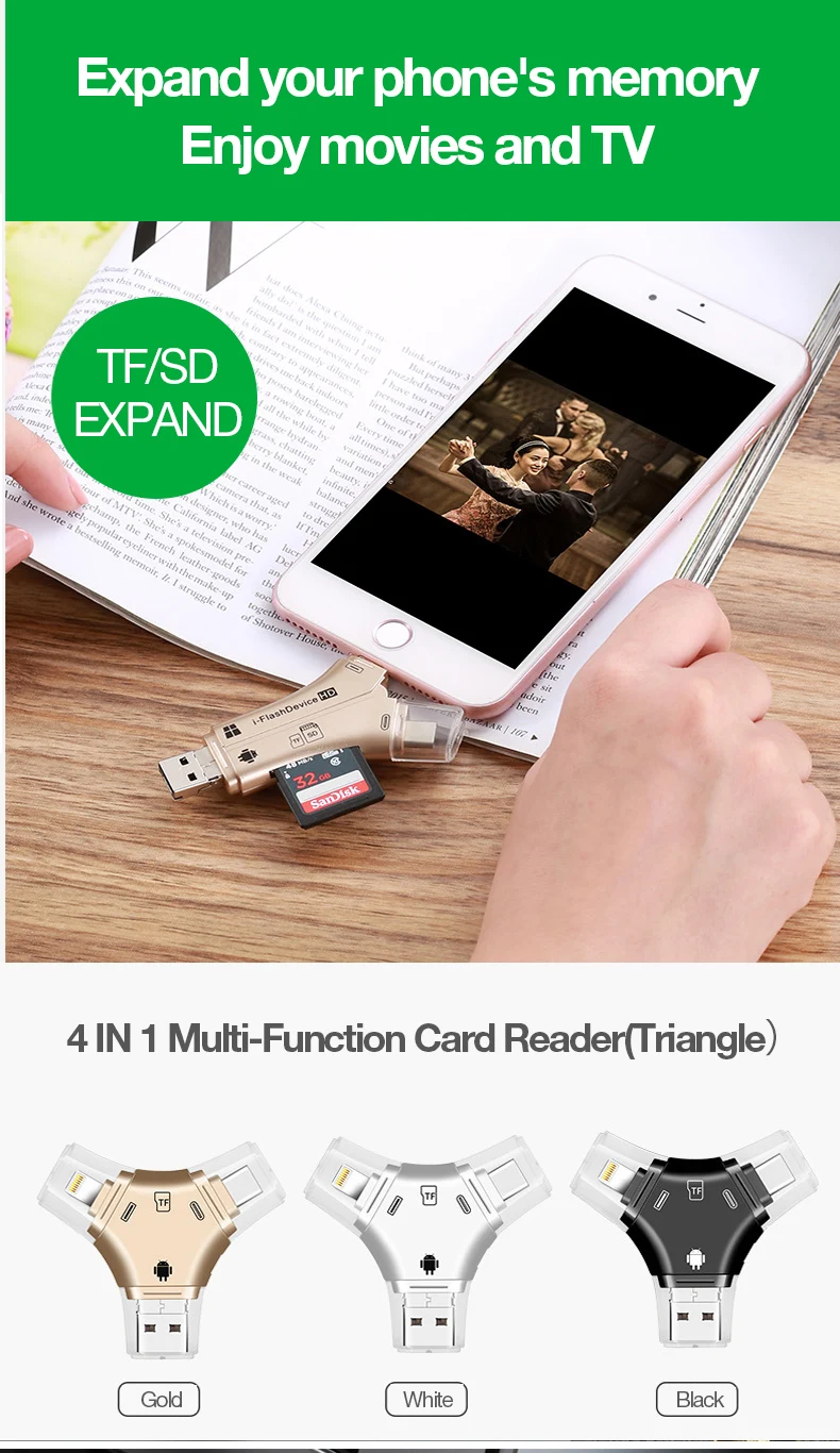 UTHAI C20 кардридер 4 в 1 type-c/Lightning/Micro USB/USB 2,0 для iPhone TF/SD кардридер