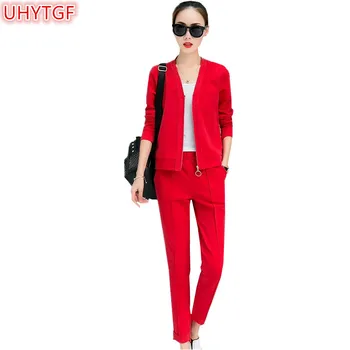 

UHYTGF Plus size Spring Autumn 2 piece set Women's 2018 Fashion Casual Slim Sportswear Red Two-piece Suit Set Tops and pants 98