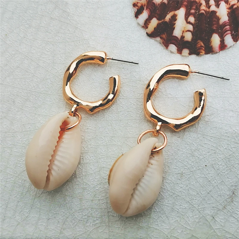 2019 New Sea Shell Earrings For Women Gold Color Round Geometric Drop Pearl Shell Earrings Summer Beach Ladies Fashion Jewelry