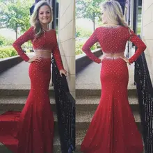Элегантная красная одежда с длинным рукавом Двойка в форме русалки, длинное, Платья знаменитостей бисером Выпускной Дата модельная официальная Вечеринка платье