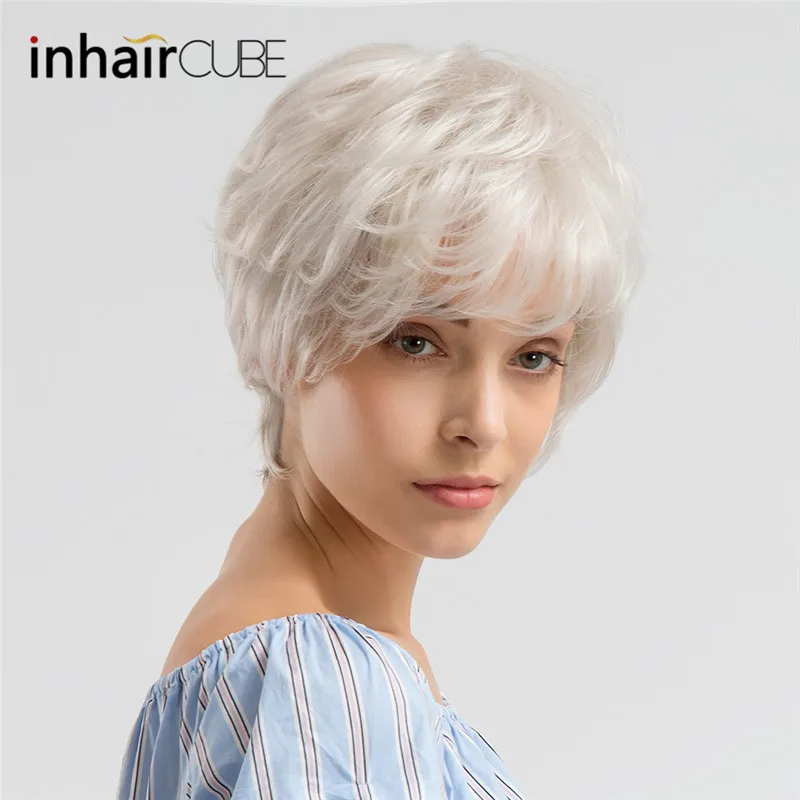 

INHAIR CUBE Synthetic Blend Hair Natural Wave Short Wigs with Bangs Grey White Fluffy Multilayered Wig for Women Free Gift
