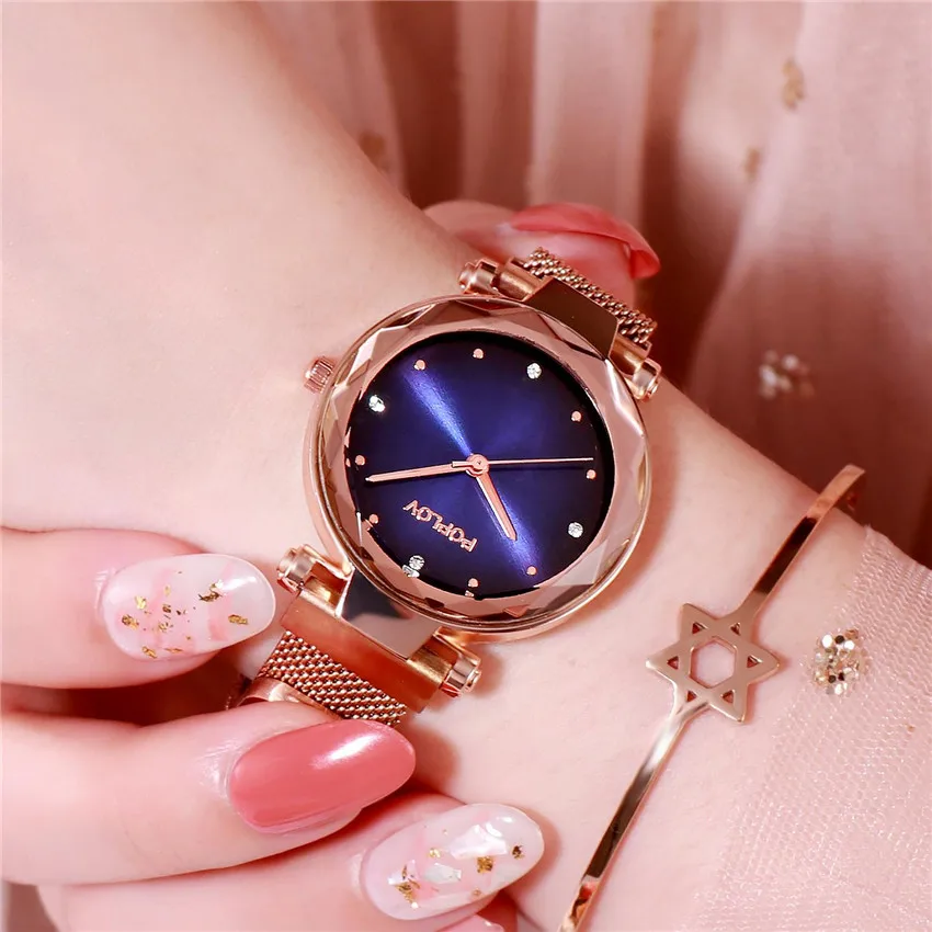 Роскошные женские часы из розового золота, модные женские часы со стразами, звездное небо, магнитные часы, водонепроницаемые женские наручные часы для подарка, часы D35 - Цвет: GR-blue