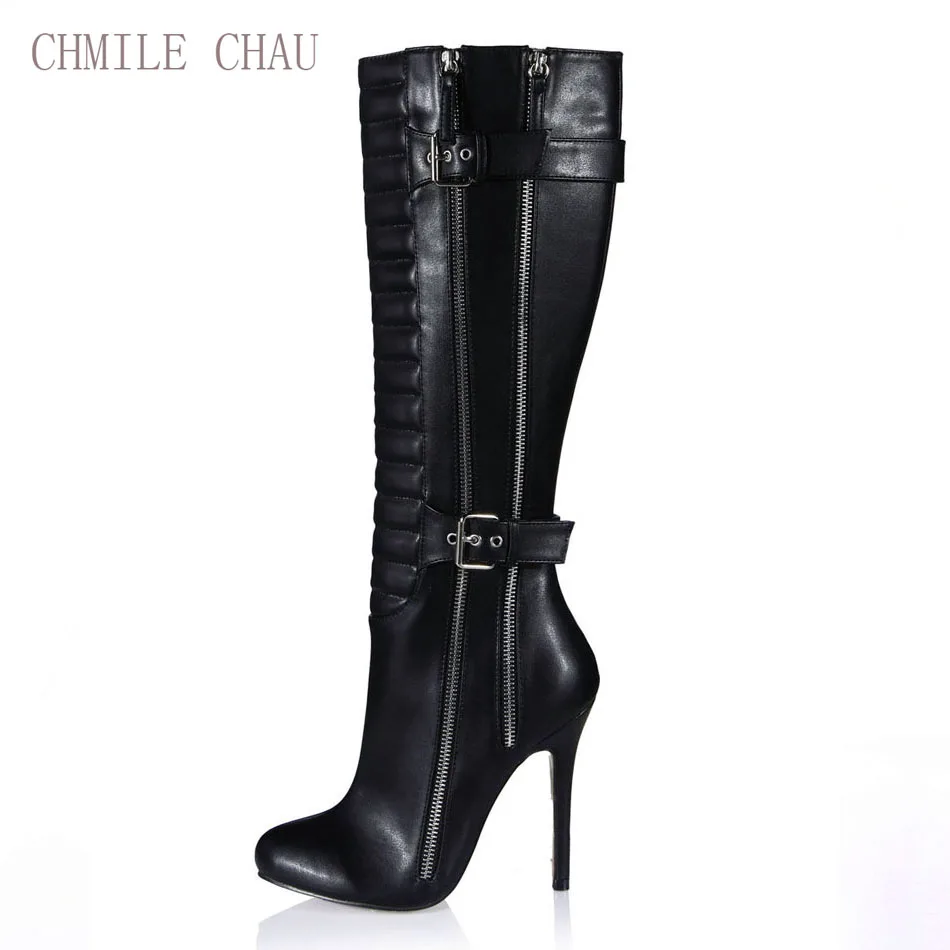 CHMILE CHAU/бордовые и черные пикантные вечерние туфли женские сапоги до колена на высоком каблуке-шпильке с пряжкой на молнии zapatos mujer 0640CBT-Y1