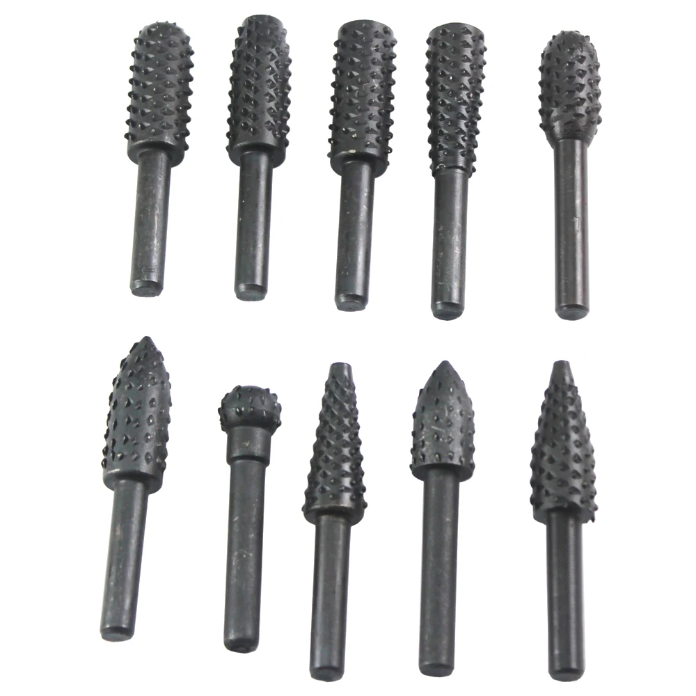 

10 in 1 Power Tools Woodworking Rotary File Rasp Burr Drill Bits Set 1/4" 6mm Shank Embossed Grinding Head