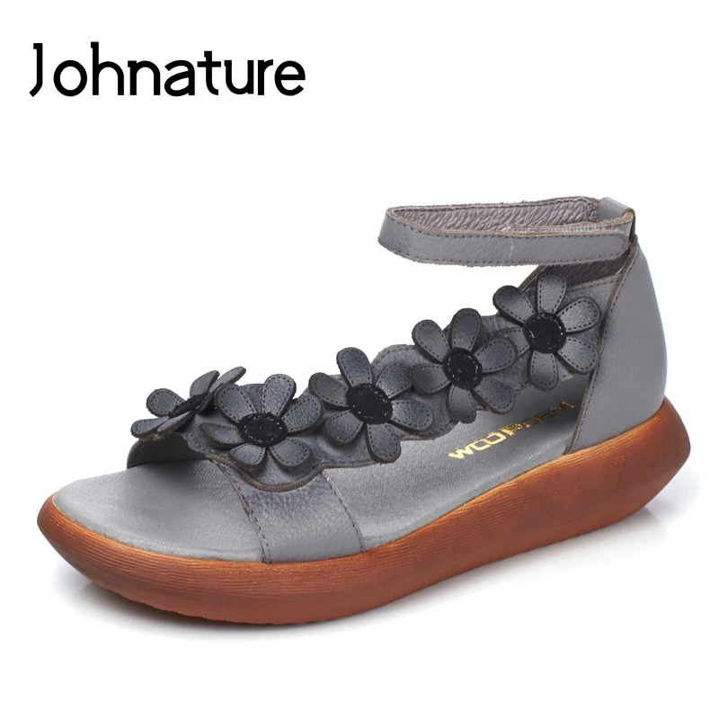 

Johnature New 2019 Summer Genuine Leather Hook & Loop Appliques Retro Back Strap Wedges Casual Platform Sandals Women Shoes