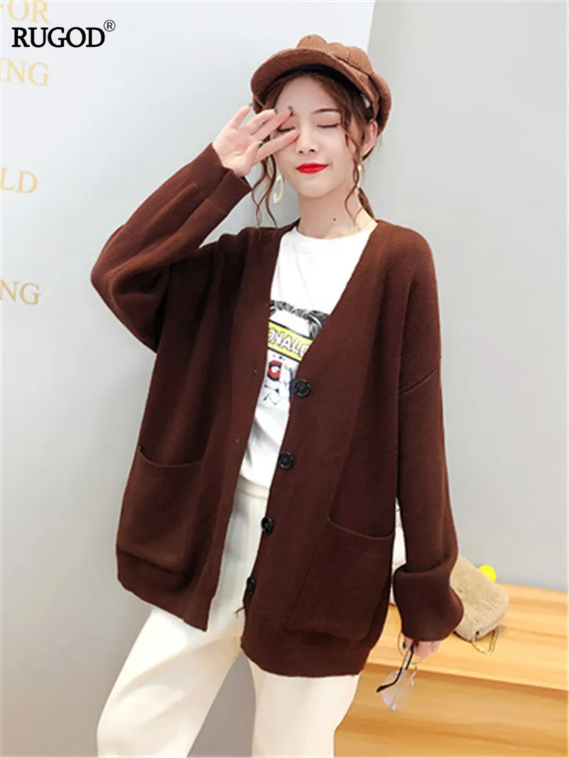

RUGOD Korean Style Women Cardigan 2019 Solid Single Breasted Pockrts Womens Cardigan Long Sleeve Sweet Gril Knitted Sweater