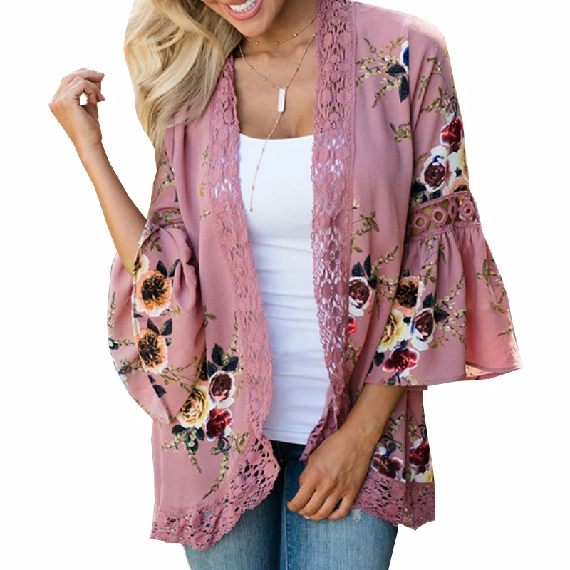 Vente 3XL Boho Femmes D été Outwear Tops Imprimé Dentelle Floral Blouses Ouvrir Point Flare Manches Cardigan Chemises Plus La Taille Blusas GV448