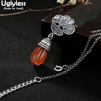 

Uglyless Real 925 Sterling Silver Natural Agate Magnolia Pendants With Chains Vintage Thai Silver Medal Necklaces Fine Jewelry
