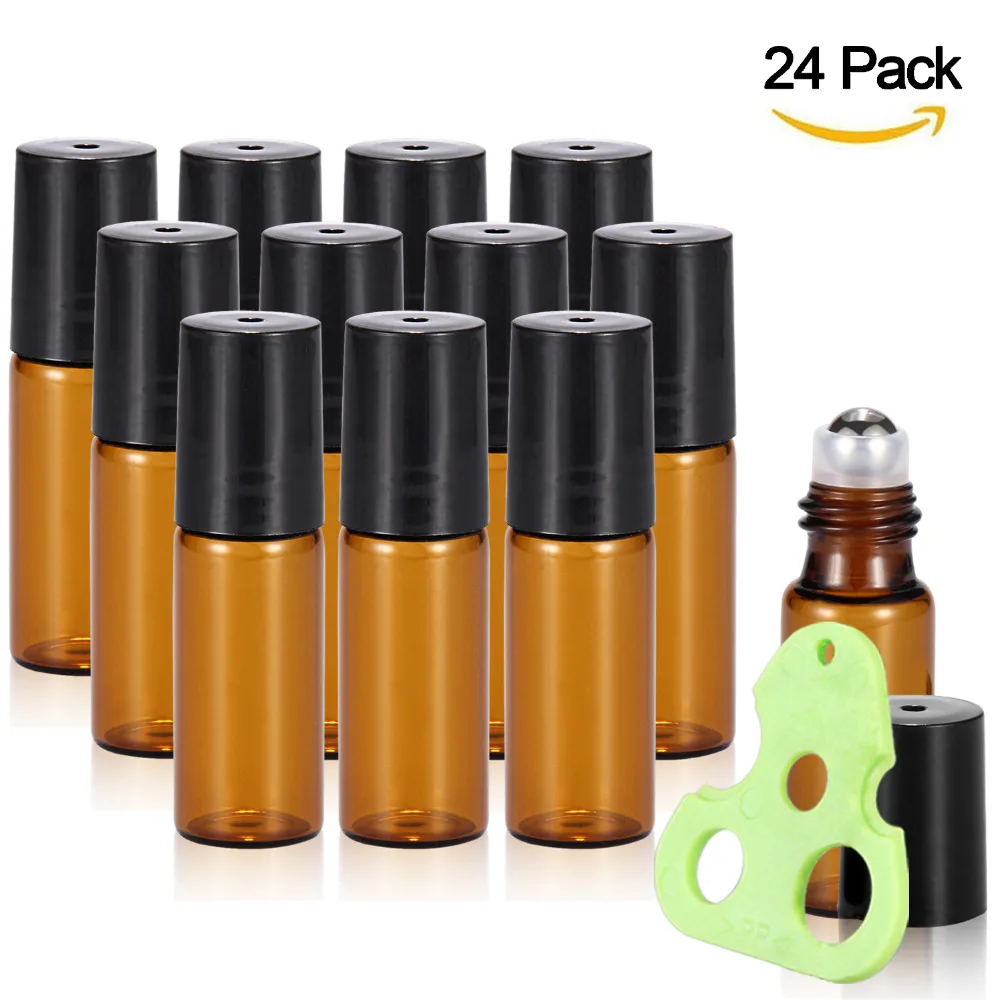 Buy 5ml Roller Bottles for Essential Oils 24 Pack Amber Glass Roll on Bottles