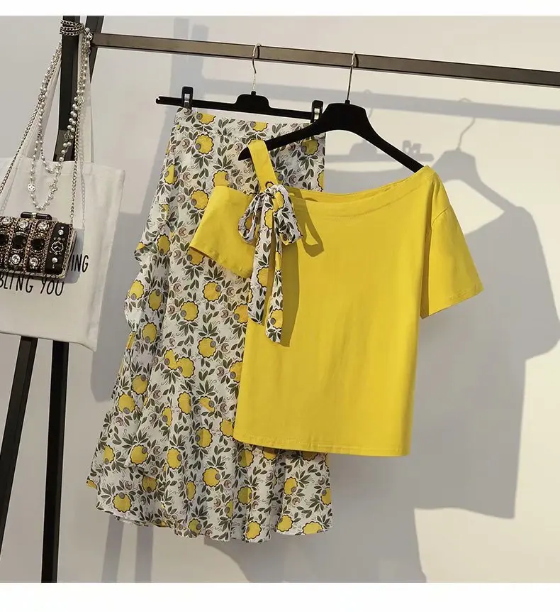 

2019 Women oversize Set] Large size women's overfat female Strapless off-shoulder top + Chiffon print skirt