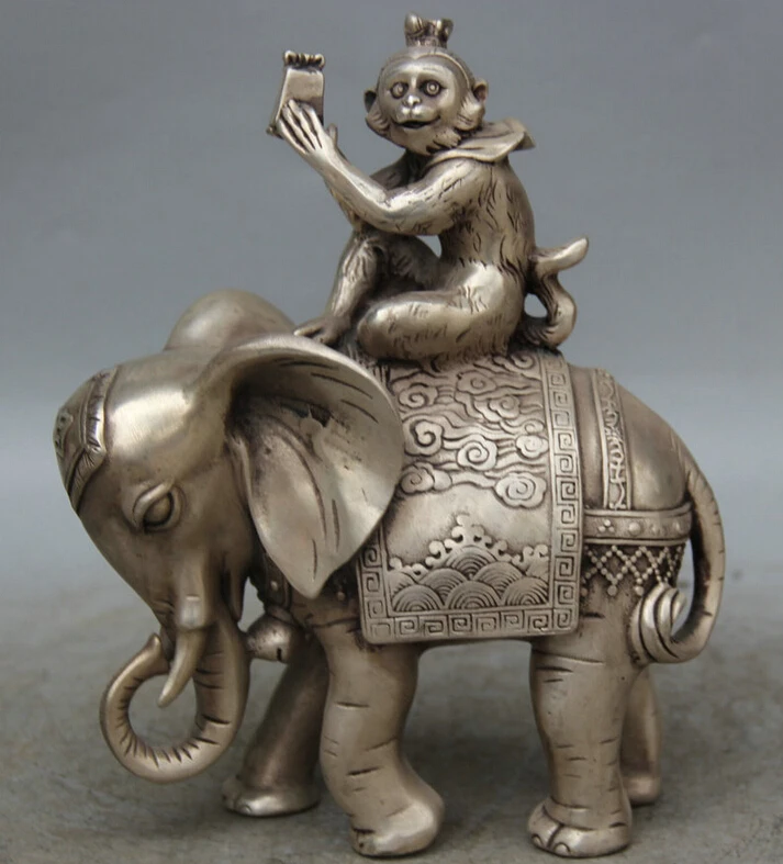 

USPS to USA S1978 8" Chinese Miao Silver Zodiac Year Monkey Seat Auspicious elephant Gift Statue B0401