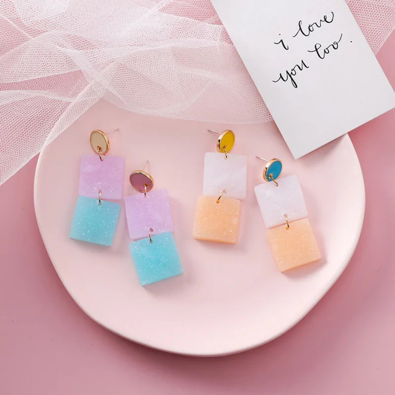 

Japanese Macarons Square Earrings Cute Candy Color Asymmetric Disc Earrings