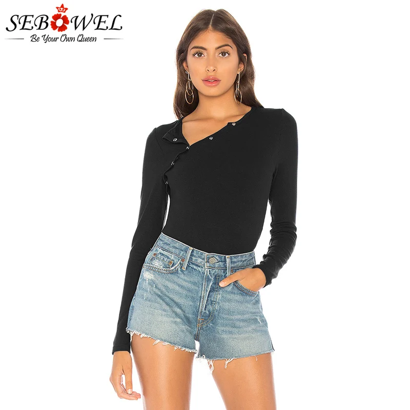 Black-Asymmetric-Snap-Button-Ribbed-Knit-Bodysuit-LC32320-2-4 
