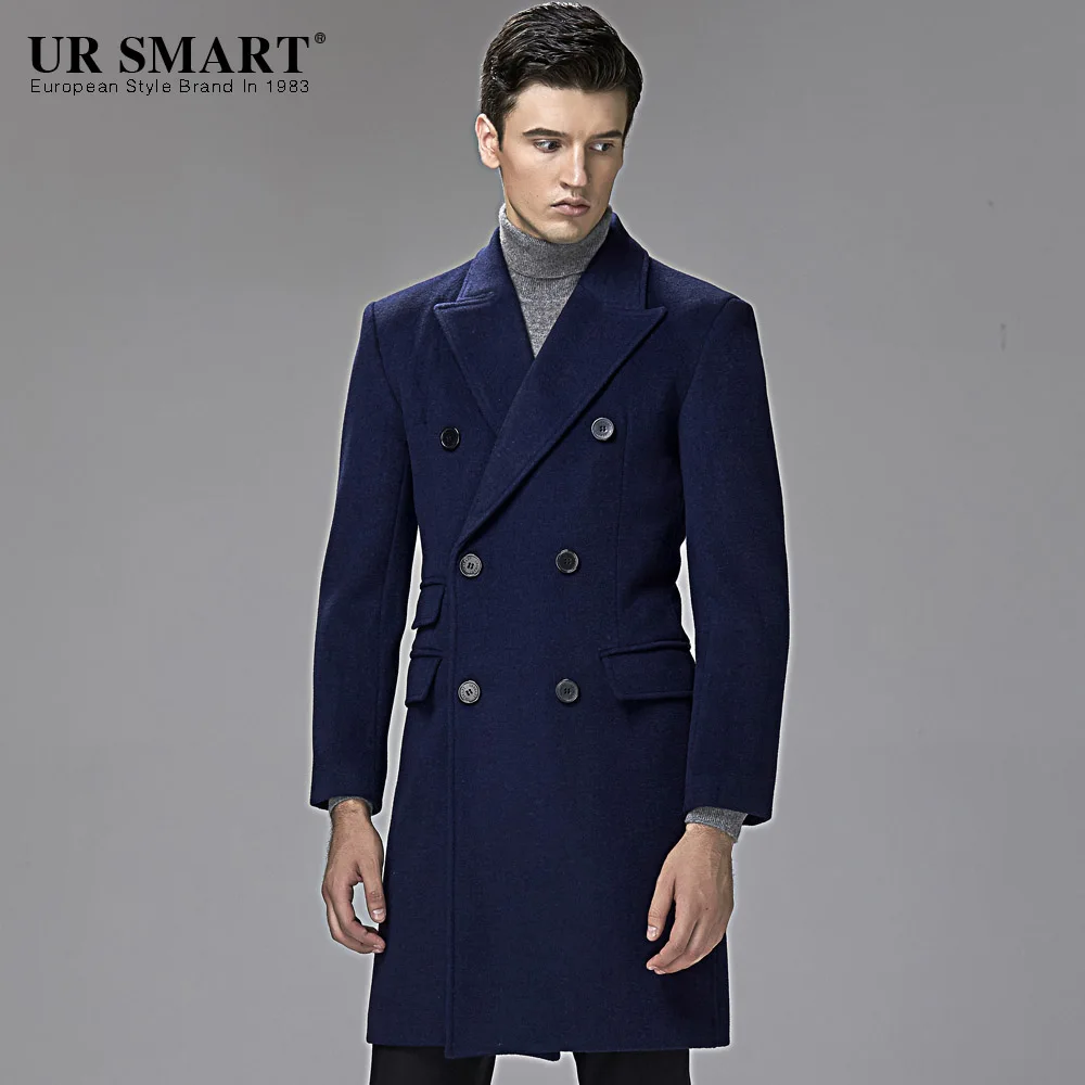 Военный стиль URSMART новое шерстяное пальто темно-синего цвета двубортное Мужское пальто - Цвет: Navy blue