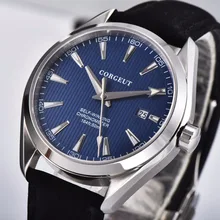 Роскошный бренд Corgeut 41 мм Мужские часы с кожаным календарем Автоматические Мужские часы с синим циферблатом и сапфировым стеклом мужские часы