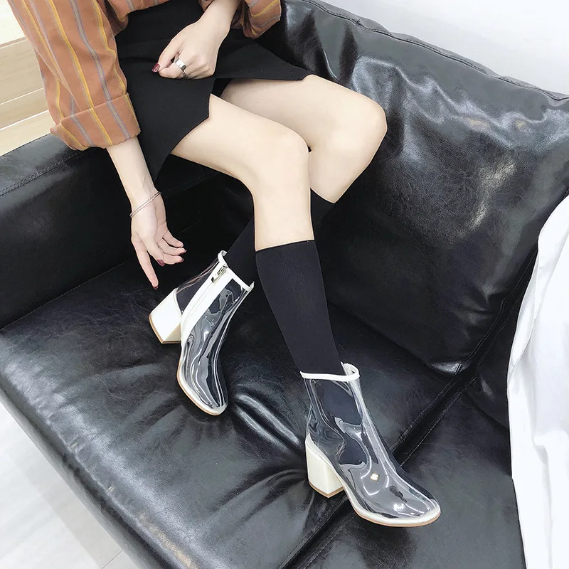 

PVC Summer Boots Women Shoes 2018 New Thick With Female Ankle Boots Transparent Female Rain Boots