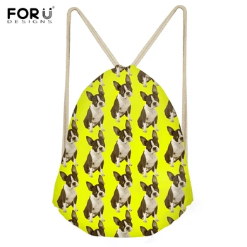 

FORUDESIGNS Casual Students Backpacks for Teens Girls Kawaii Dog Boston Terrier Large Drawstrings Bags Yellow Storage Sack Bags