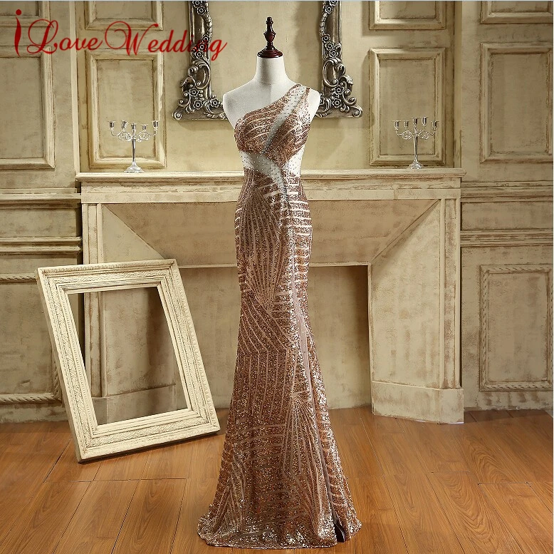 Venta caliente un hombro Champagne vestido de noche largo de lentejuelas sexy tul con cuentas vestido formal del partido vestido de fiesta sirena Vestidos