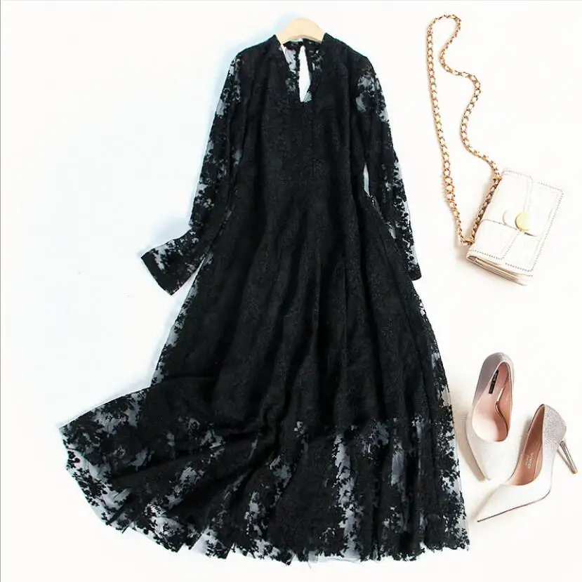 

New Arrival 2019 Spring Women's Sexy V Neck Long Sleeves Embroidery Lace Solid Elegant Designer Runway Dresses