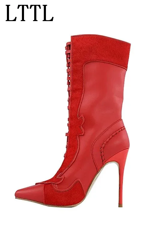 2017 Hot selling women boots stiletto high heel boots red color lace-up closure type  suit to winter keep warm in winter
