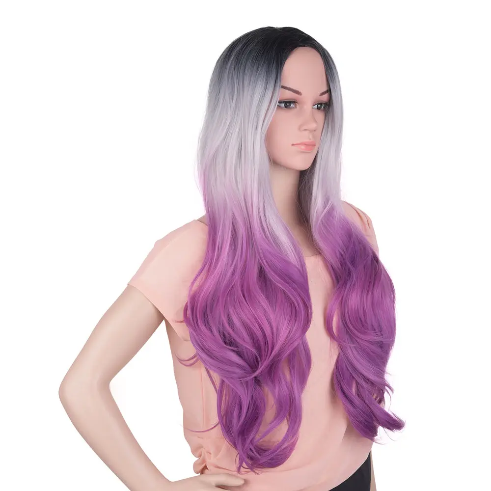 Feilimei Омбре серый парики синтетические высокотемпературные волокна длинные волнистые женские волосы 60 см 300 г серый фиолетовый цвет косплей женские волосы - Цвет: # 99J