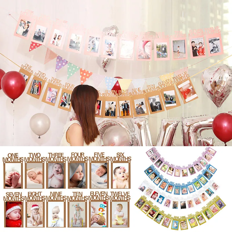 

Baby 1st Birthday 12 Month Photo Banner One Year Party Photo Bunting Garland Kids First Birthday Boy/Girl Party Decoration