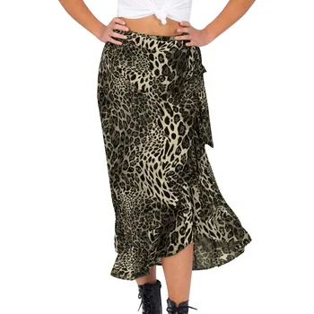 

KLV 2019 Fashion Women Leopard Print Elastic Waist Bandage Ruffles Hem Casual Skirt free shipping D4