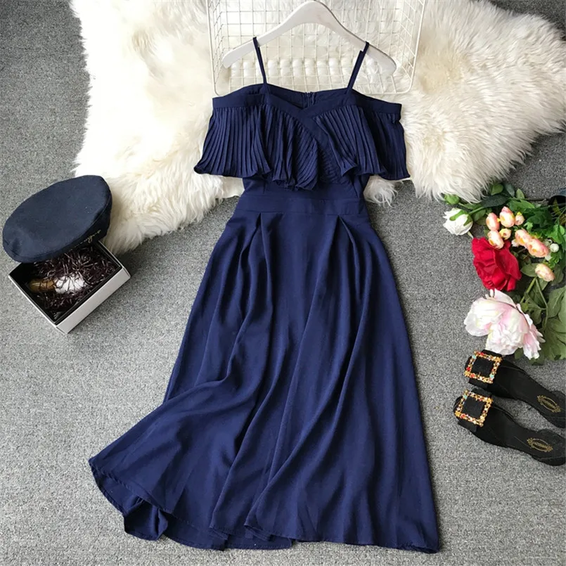 

Ladies Ruffle Sexy Off Shoulder Spaghetti Strap Summer Midi Long Dress Party Vestido De Festa Women Casual Beach A-Line Vestidos