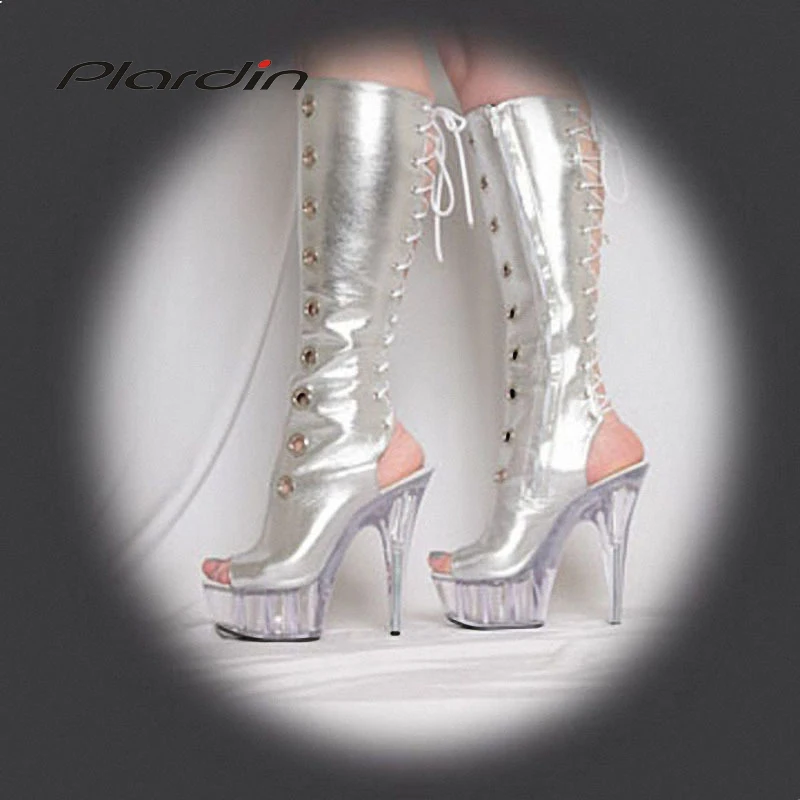 

Plardin Plus Size :35-46 Sexy Transparent 15CM High Heels Peep Toe 5CM Platform Cross-tied knee-high Nightclub Dance Party Boots
