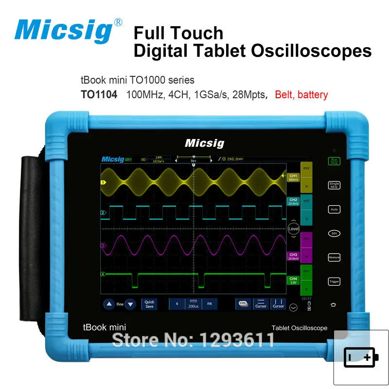 

Automotive diagnostic oscilloscope 100MHz bandwidth 4 input channels 28Mpts memory depth Digital Tablet Oscilloscope TO1104