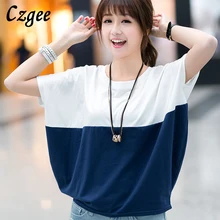 Czgee New Fashion Women T shirt Patchwork Color O Neck Loose Cotton Woman Tshirt Top Summer Short Sleeve Camisetas Feminina