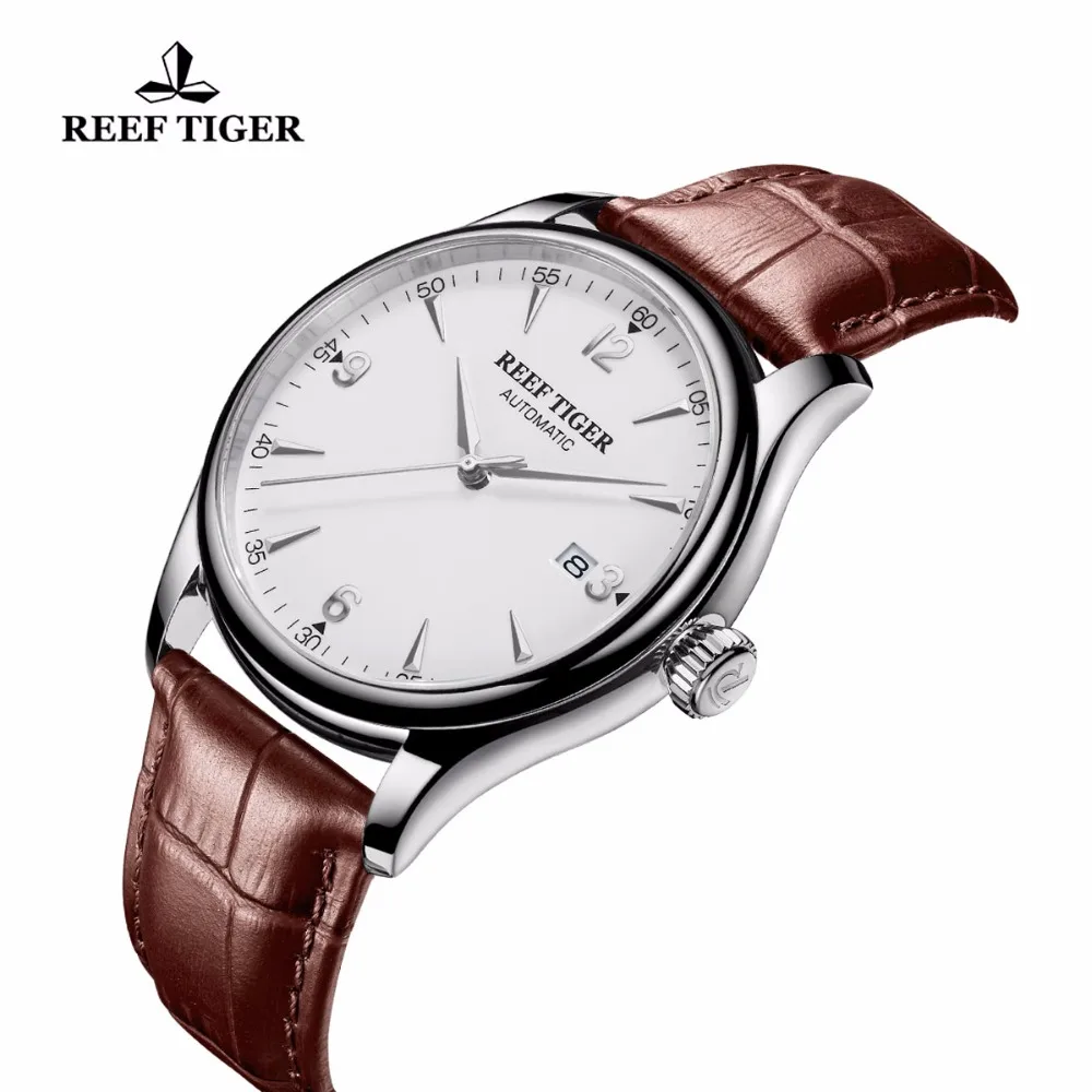  Reef Tiger/RT Luxury Business Men Watches Steel Brown Leather Strap Watch Date Mechanical Analog Wa