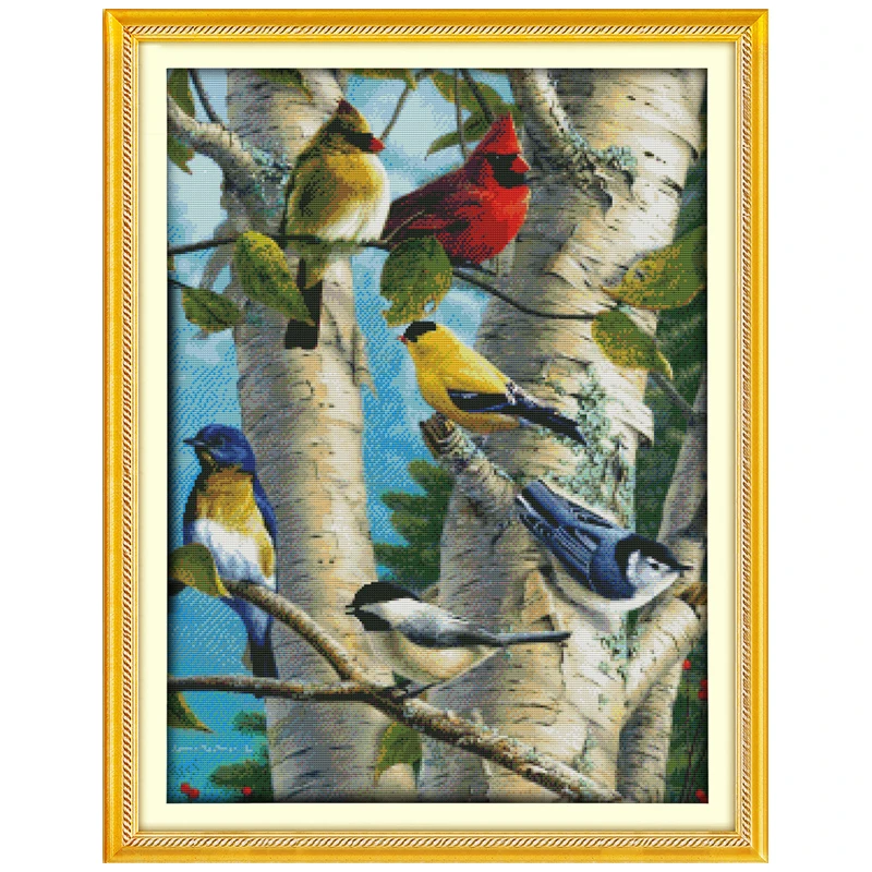 

Birch Birds in the Tree Counted Cross Stitch animals Cross Stitch 11CT 14CT Cross-Stitch Kit Handmade Embroidery for Needlework