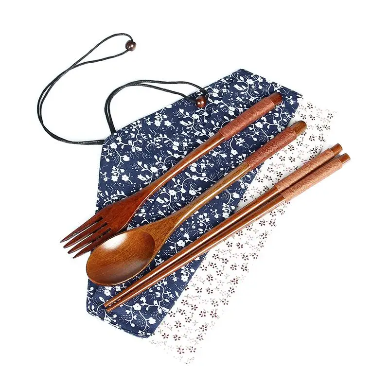 1set=4pcs Wood Portable Tableware Wooden Cutlery Sets Travel Dinnerware Suit Environmental with Cloth Pack Perfect Gift
