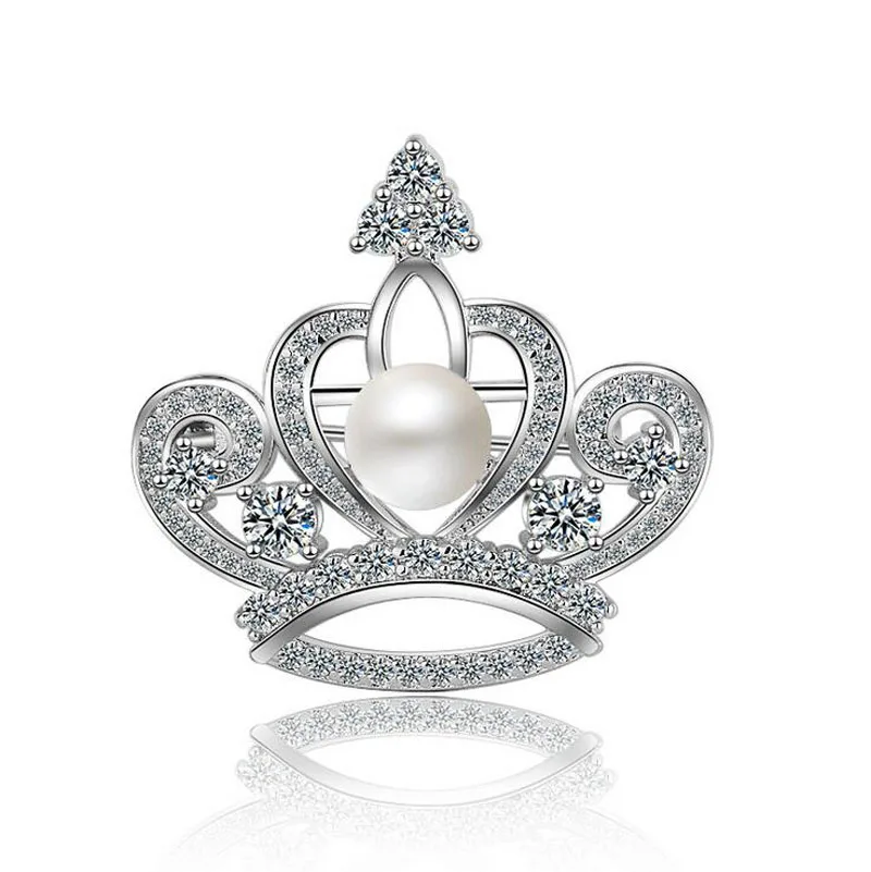 

Women Fashion Luxury 925 Silver Shiny Zircon Pearl Cute Crown Brooch For Lady Pretty Party Corsage Brooches Gift Jewelry BZ017