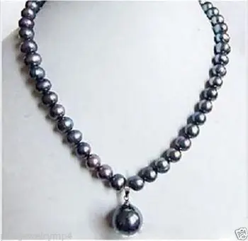 

Women Gift word Love Jewelry 7-8mm Black real Pearl Necklace Shell Pearl Drop 18" AAA style Fine Noble real Na