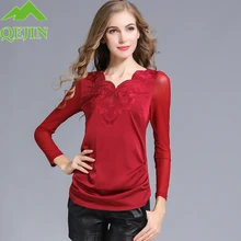 Женские приталенные рубашки с вышитыми цветами и бисером; кружевные топы с длинными рукавами; шелковая рубашка; модные повседневные рубашки QEJIN; большие размеры; 5XL