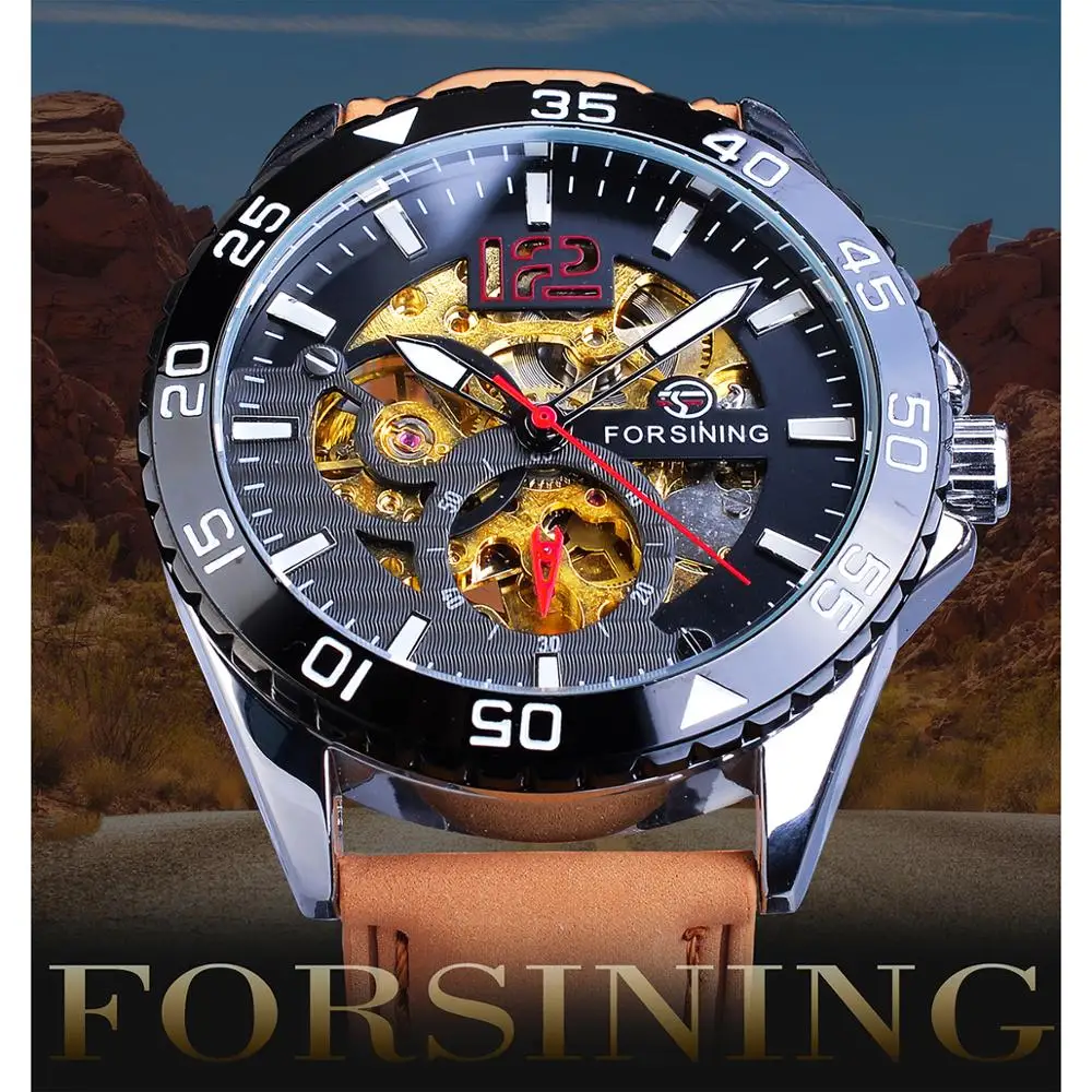 Forsining Creative Mechanical Sport Watches Men's Automatic Half Color Dial Brown Leather Band Racing Outdoor Watch Reloj Hombre_voghion.com