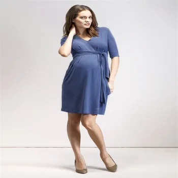 

Maternity Women Dress Summer Half Sleeve Sexy V-Neck Knee Length Dress New Mom Western Style High Elastic Waist Sashes Dresses