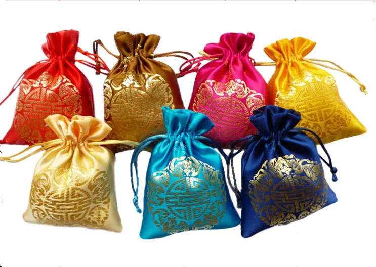 

Cheap Happy Small Drawstring Jewelry Pouch Chinese style Silk brocade Wedding Party Candy Favor Bag Gift packaging Bags 100pcs/l