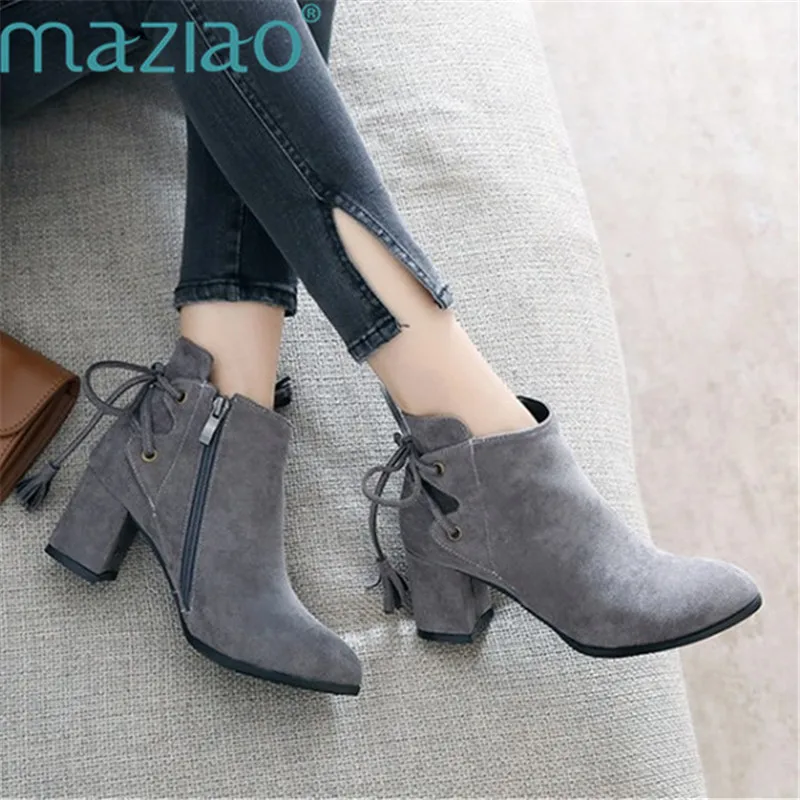 

Round Toe Cross Strap Boots Fashion Ankle Chelsea Boots Women Shoes Autumn Square Heel Side Zipper MAZIAO
