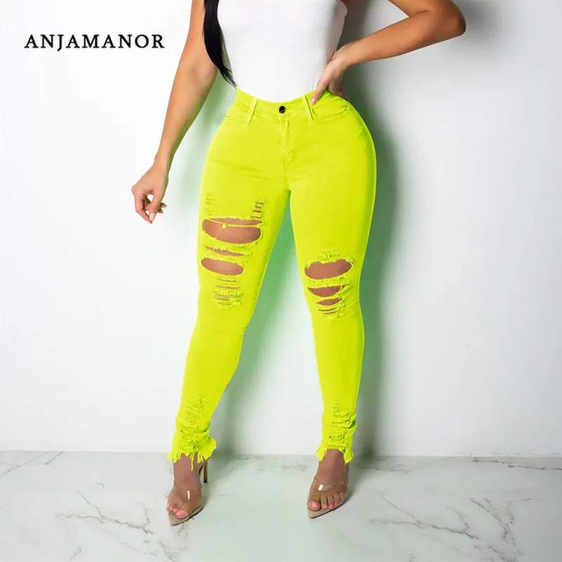 

ANJAMANOR Neon Candy Color High Waist Skinny Ripped Jeans for Women Summer Sexy Plus Size Distressed Denim Pencil Pants D29-AG76