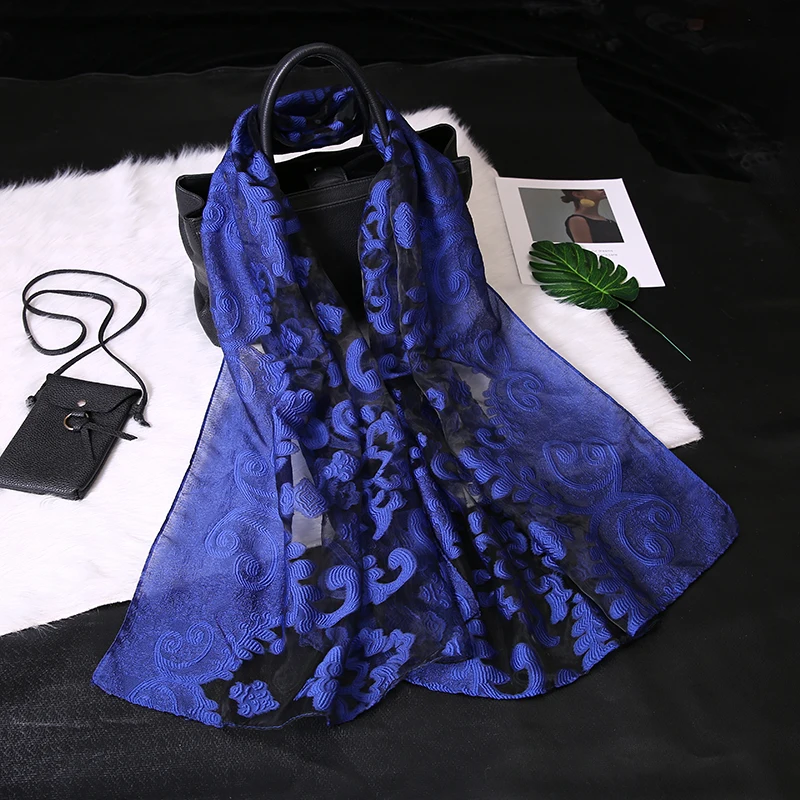 Шелковый шарф женский летний легкий шарф из органзы S9076 - Цвет: S9078 blue