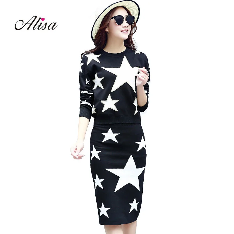 

2018 Autumn Winter Two Piece Set New Fashion Women Knitted Suit Stars Print Sweater + Wrap Skirt Twinset Woman 2 Piece Tracksuit