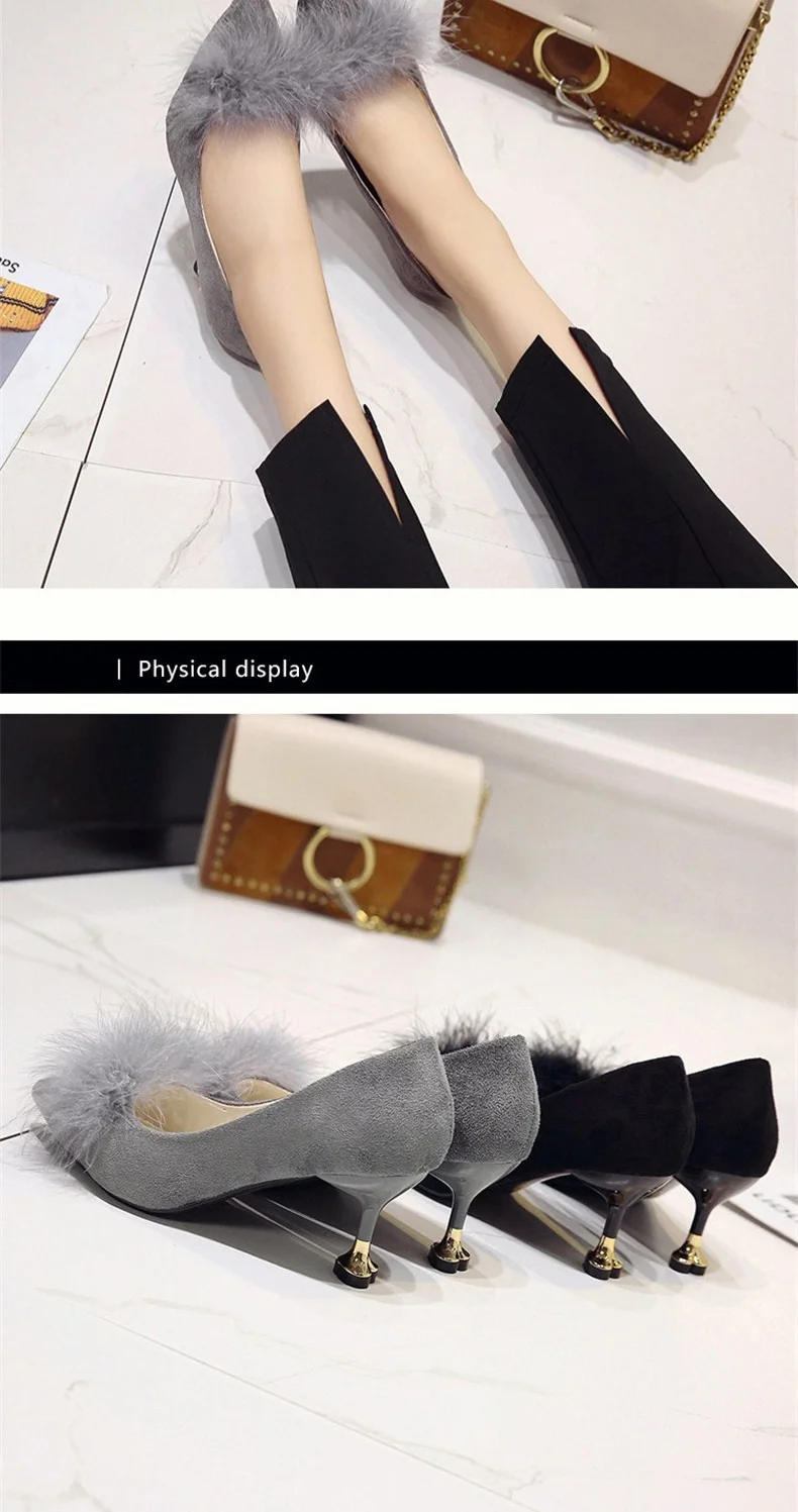 Xiaying Smile весна и осень новая Корейская версия professional черный волосатые острый каблук онлайн знаменитости женская обувь