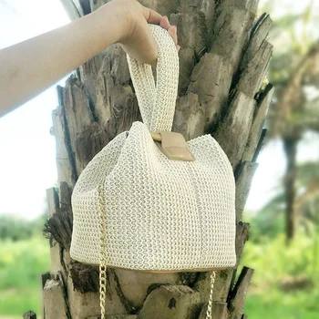 

Ring Handle Straw Bags for Women Beach Crossbody Chains Bucket Handbag Lady Vintage Handmade Knitting Fashion Shoulder Bag 2019