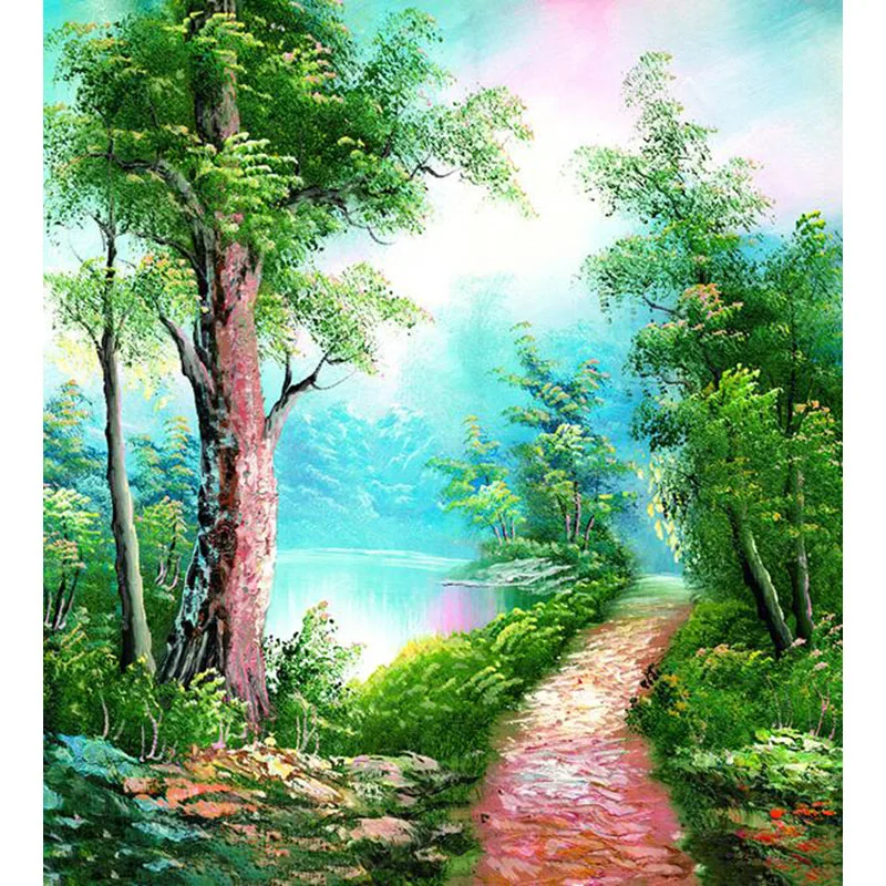 

Frameless Green Trees and Road DIY Painting By Numbers Hand Painted Canvas Wall Pictures For Living Room Home Decor Wall Art