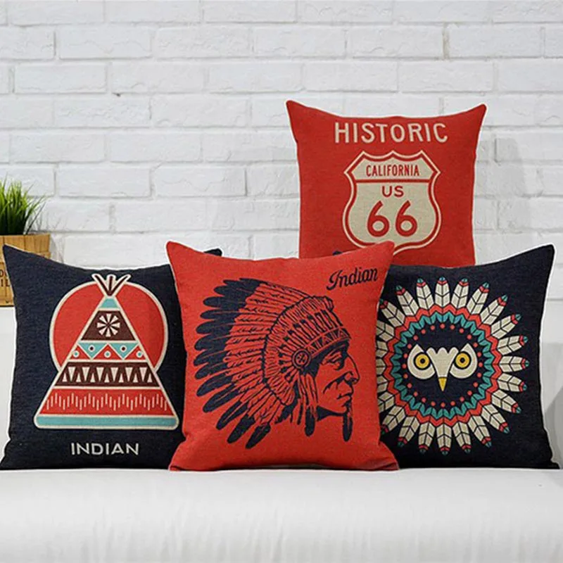 Native American Indian Cushion Cover Pillow Case Linen Indian Owl Throw