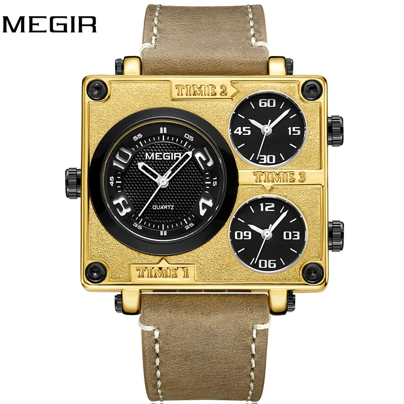 

MEGIR Men's Watches Top Brand Luxury Unique Designer Watches Men Fashion Square Big Face 3 Time Zone Casual Quartz Watch